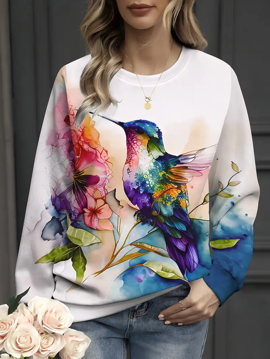 Women Bird Crew Neck Printing Casual Spring/Fall Long Sleeve Sweatshirt