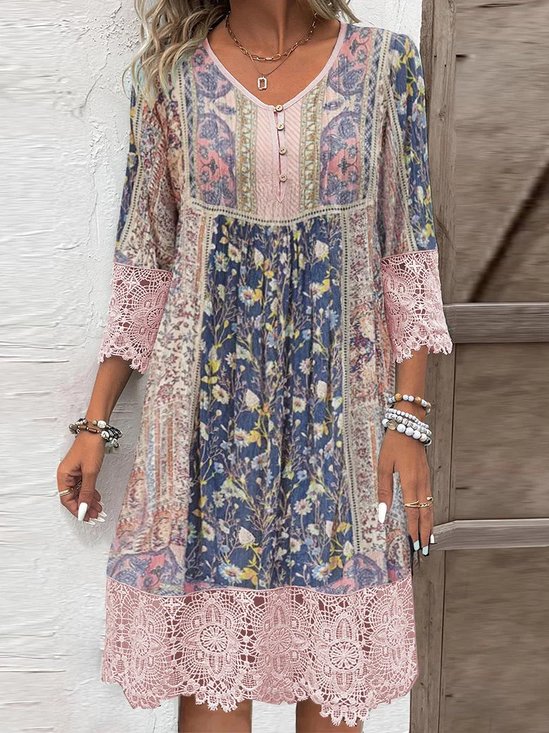 Women Floral Three Quarter Sleeve Spring/Fall Split Joint Dress V Neck Daily Vintage Maxi T-Shirt Dress A-Line Dress