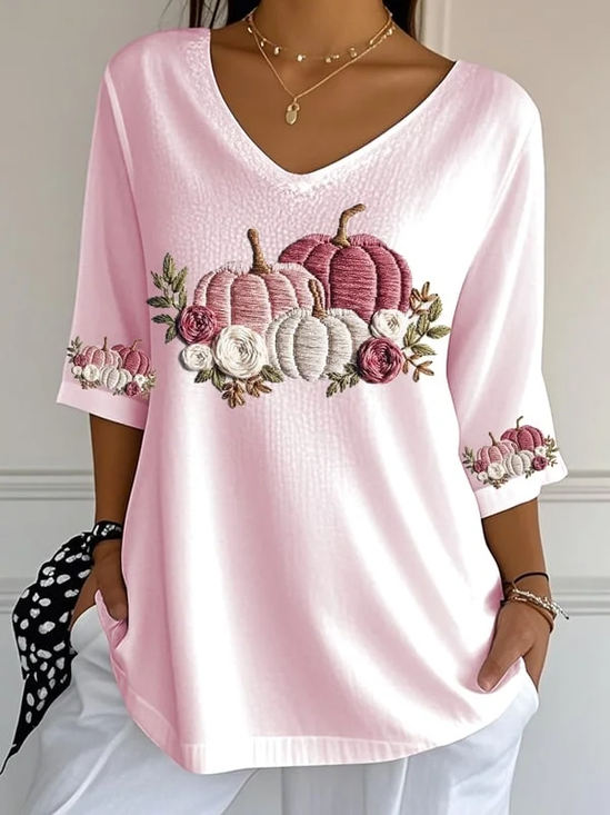 Women Halloween Pumpkin Floral Three Quarter Sleeve Tee T-shirt V Neck Printing Festival Spring/Fall Graphic Tee Top