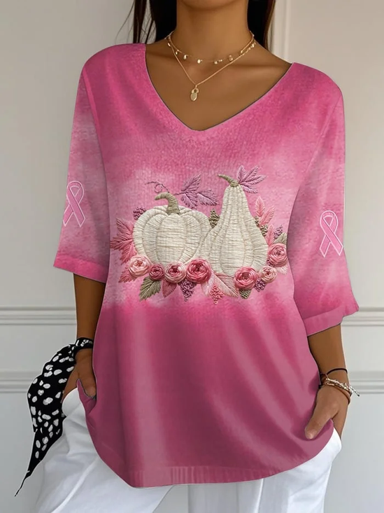 Women Halloween Pumpkin Pink Floral Three Quarter Sleeve Tee T-shirt V Neck Printing Festival Spring/Fall Graphic Tee Top