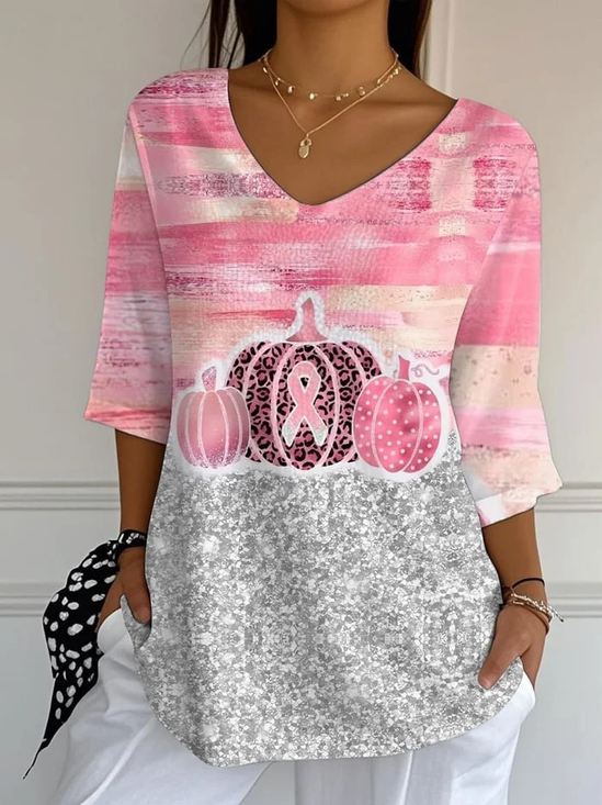 Women Halloween Pumpkin Pink Ribbon Three Quarter Sleeve Tee T-shirt V Neck Printing Festival Spring/Fall Graphic Tee Top