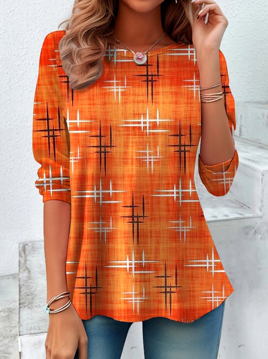 Women Geometric Long Sleeve Tee T-shirt Crew Neck Vintage Spring/Fall Top