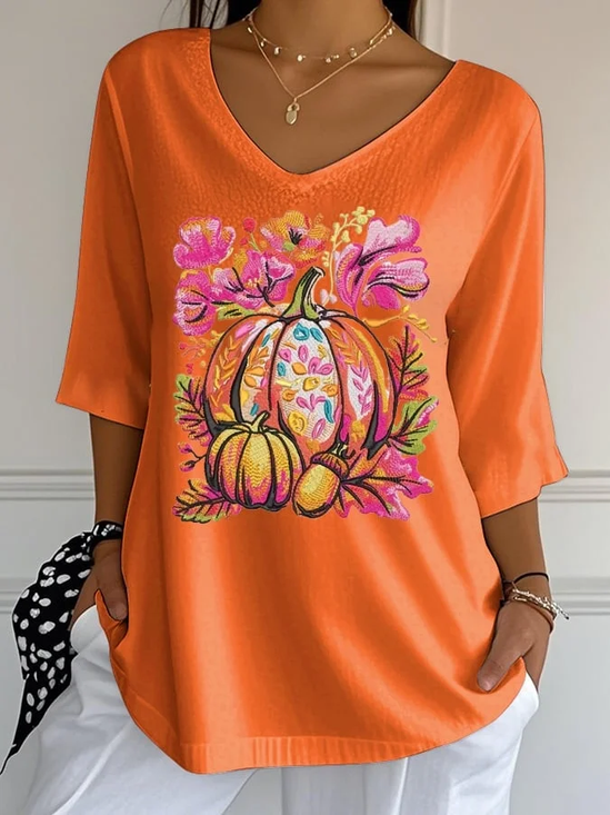 Women Floral Three Quarter Sleeve Tee T-shirt V Neck Printing Casual Spring/Fall Graphic Tee Top