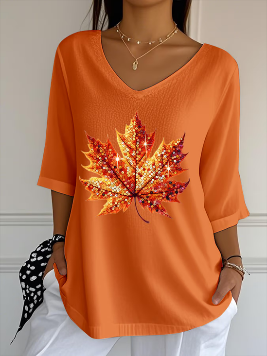 Women Maple Leaf Three Quarter Sleeve Tee T-shirt V Neck Printing Casual Spring/Fall Graphic Tee Top