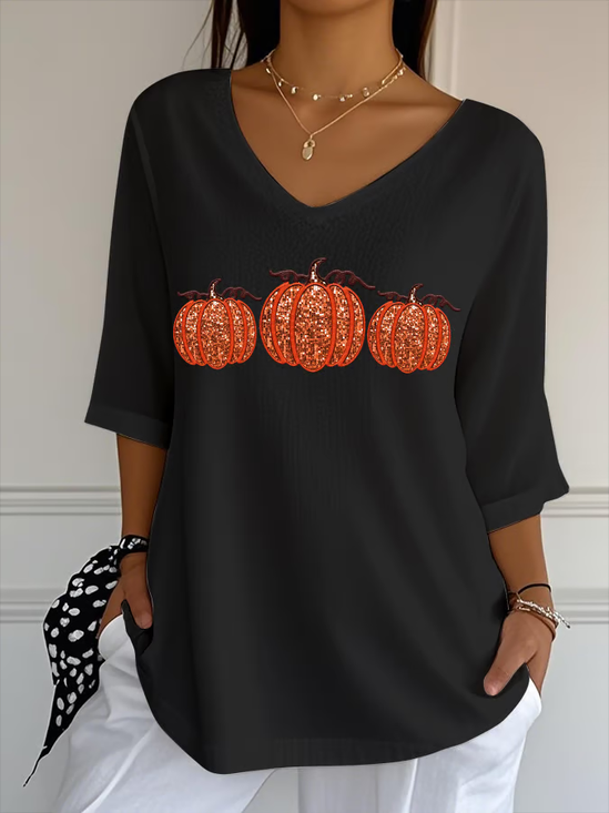 Women Halloween (pumpkin) Three Quarter Sleeve Tee T-shirt V Neck Printing Casual Spring/Fall Graphic Tee Top