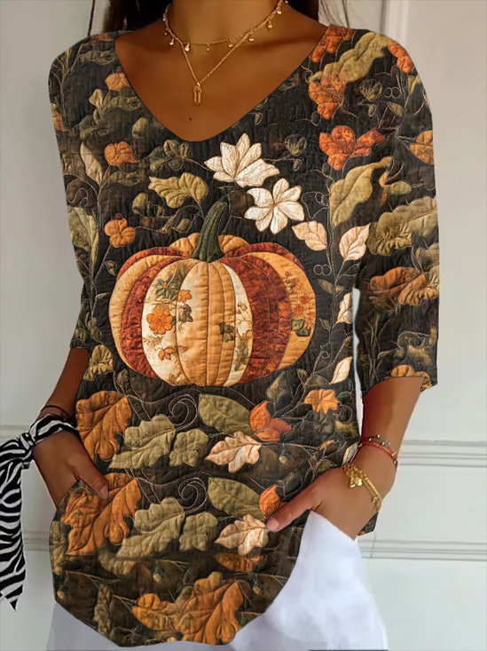 Women Halloween Pumpkin Floral Print Three Quarter Sleeve Tee T-shirt V Neck Festival Spring/Fall Graphic Tee Top