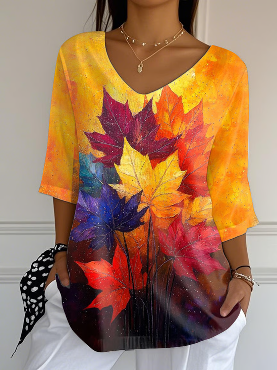 Women Maple Leaf Three Quarter Sleeve Tee T-shirt V Neck Printing Casual Spring/Fall Graphic Tee Top