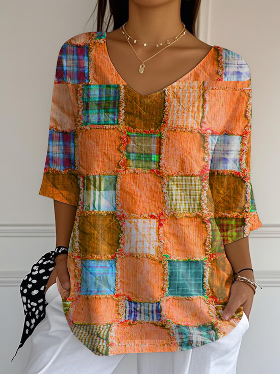 Women Halloween Color Block Plaid Orange Three Quarter Sleeve Tee T-shirt V Neck Printing Festival Spring/Fall Graphic Tee Top