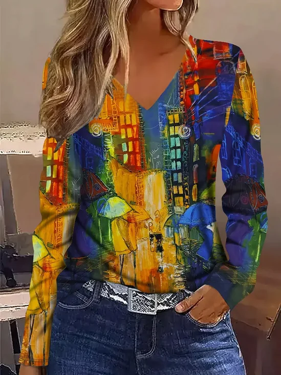 Women Abstract Long Sleeve Tee T-shirt V Neck Printing Casual Spring/Fall Graphic Tee Top