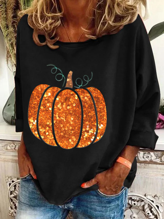 Women Halloween Pumpkin Print Long Sleeve Tee T-shirt Crew Neck Festival Spring/Fall Graphic Tee Top