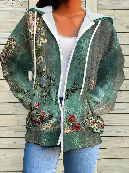 Women Spring/Fall Outerwear Casual Printing Floral Long Sleeve Hoodie Jacket