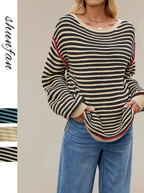 Women Striped Split Joint Winter Street Long Sleeve Crew Neck Sweater