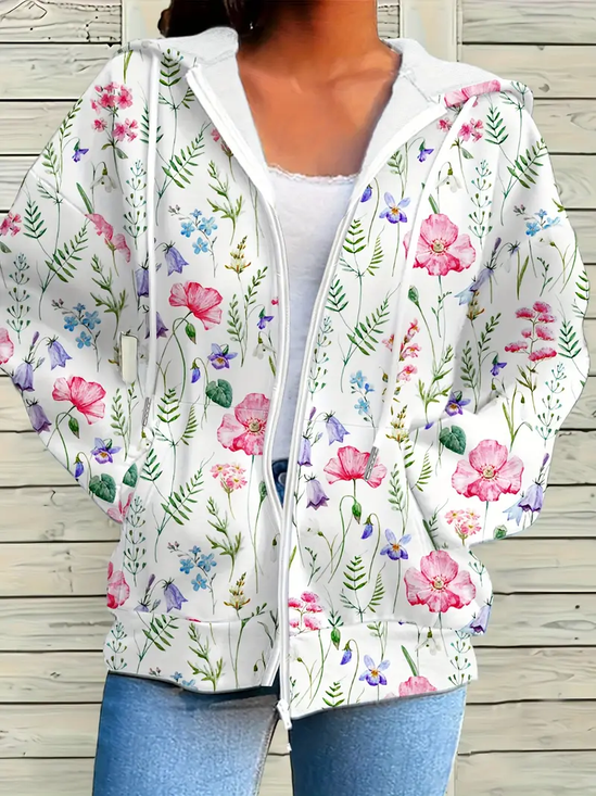 Women Spring/Fall Outerwear Casual Printing Floral Long Sleeve Hoodie Jacket