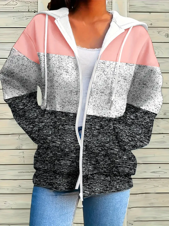 Women Spring/Fall Outerwear Casual Printing Multicolor Block Long Sleeve Hoodie Jacket