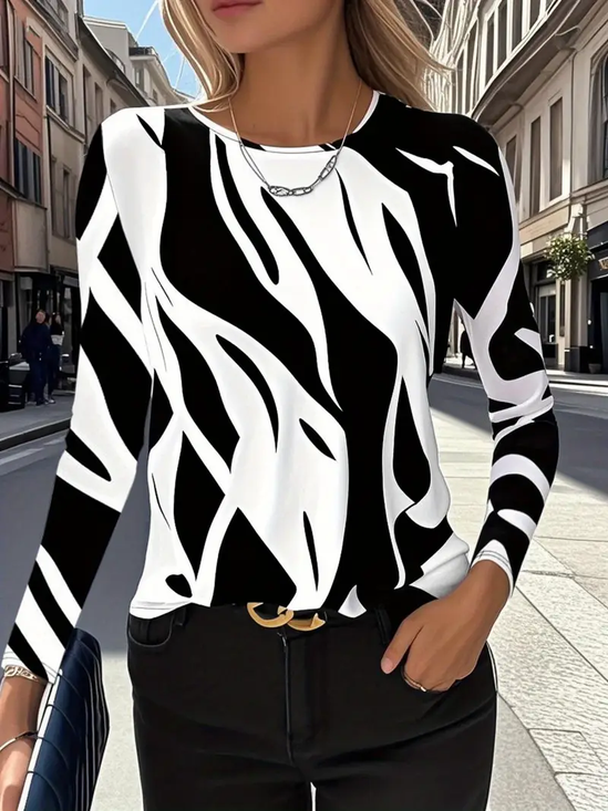 Women Abstract Long Sleeve Tee T-shirt Crew Neck Printing Casual Spring/Fall Graphic Tee Top