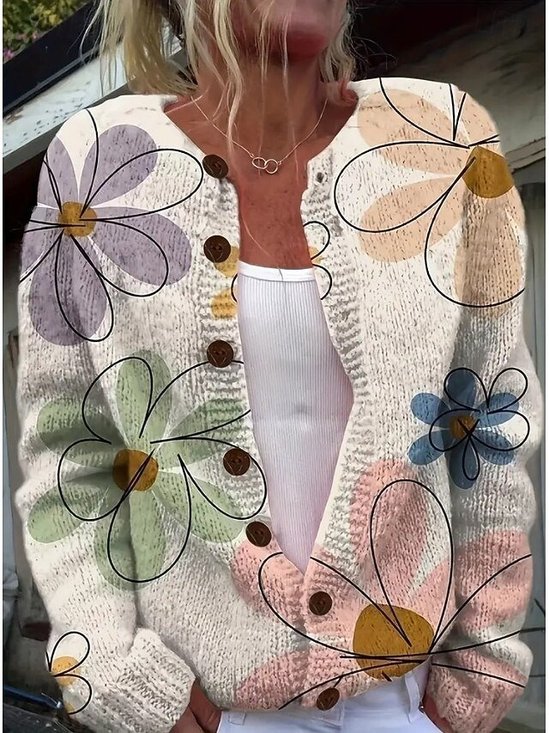 Women Floral Casual Spring/Fall Wool/Knitting Cardigan