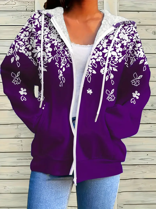 Women Spring/Fall Outerwear Casual Printing Floral Long Sleeve Hoodie Jacket