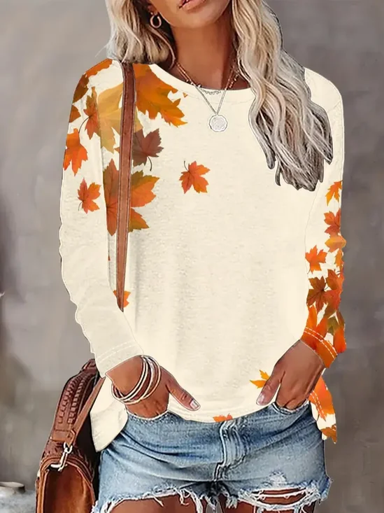 Women Maple Leaf Long Sleeve Tee T-shirt Crew Neck Printing Casual Spring/Fall Graphic Tee Top