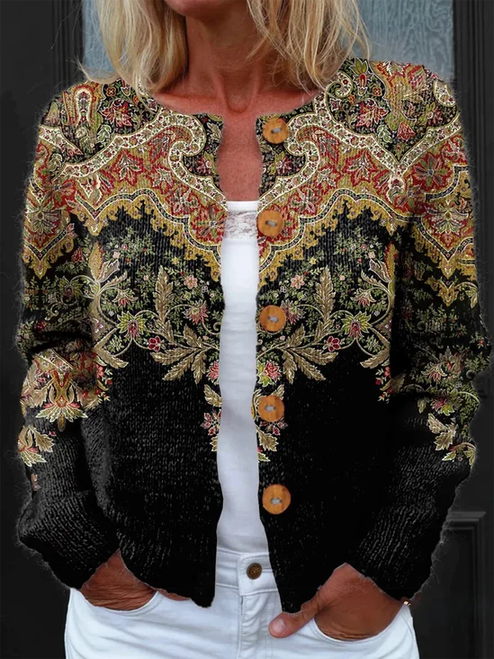 Women Geometric Vintage Spring/Fall Buttons Knitted Cardigan