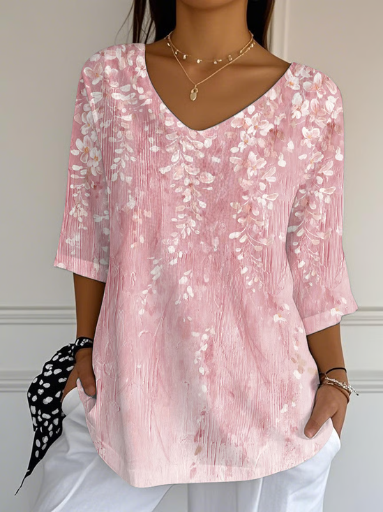 Women Floral Three Quarter Sleeve Tee T-shirt V Neck Printing Casual Spring/Fall Graphic Tee Top