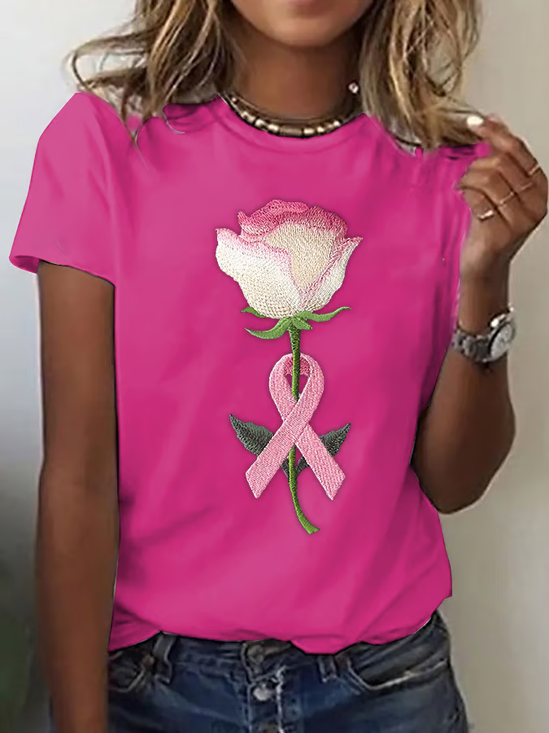 Women Pink Ribbon Floral Print Short Sleeve Tee T-shirt Crew Neck Casual Summer Graphic Tee Top