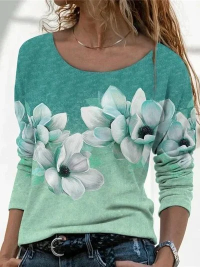 Women Floral Long Sleeve Tee T-shirt Crew Neck Printing Casual Spring/Fall Graphic Tee Top