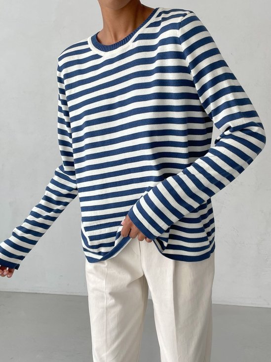 Women Striped Split Joint Spring/Fall Street Long Sleeve Crew Neck Sweater