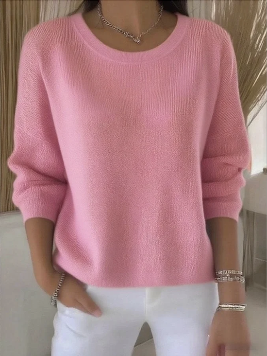Women Plain Spring/Fall Vintage Long Sleeve Crew Neck Cotton Sweater
