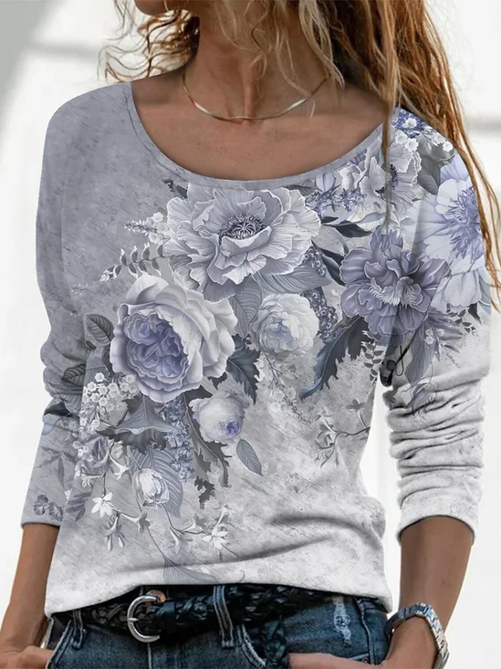Women Floral Long Sleeve Tee T-shirt Crew Neck Printing Casual Spring/Fall Graphic Tee Top