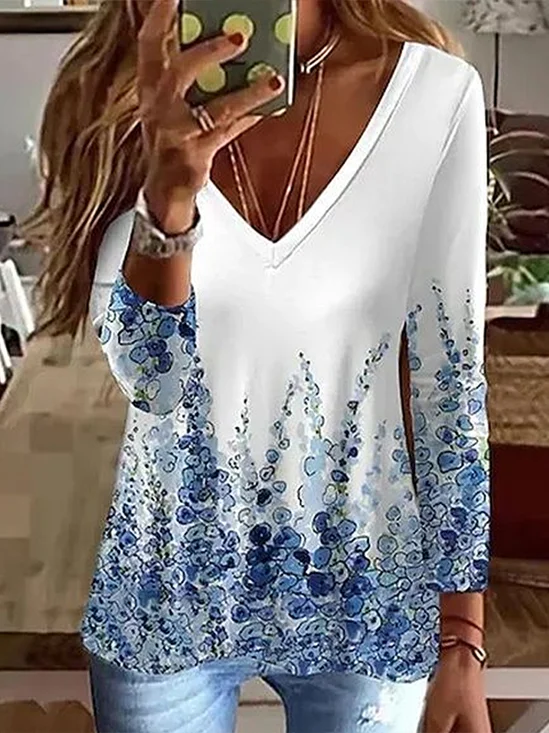 Women Abstract Long Sleeve Tee T-shirt V Neck Printing Casual Spring/Fall Graphic Tee Top