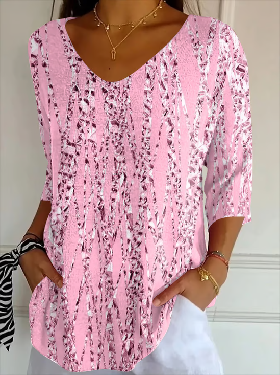 Women Abstract Three Quarter Sleeve Tee T-shirt V Neck Printing Casual Spring/Fall Graphic Tee Top