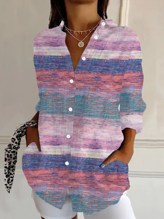 Women Abstract Stripes Long Sleeve Shirt Spring/Fall Buckle Shirt Collar Regular Sleeve Daily Casual Top