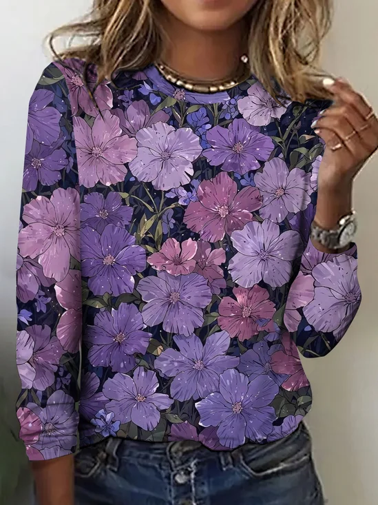 Women Floral Long Sleeve Tee T-shirt Crew Neck Vintage Spring/Fall Top