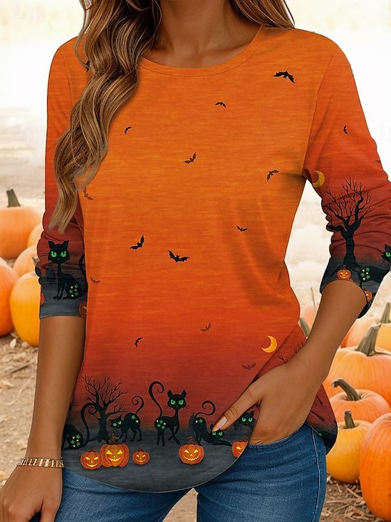 Women Cat Long Sleeve Tee T-shirt Crew Neck Casual Spring/Fall Top