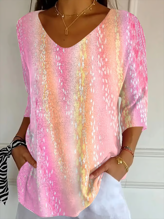 Women Abstract Three Quarter Sleeve Tee T-shirt V Neck Printing Casual Spring/Fall Graphic Tee Top