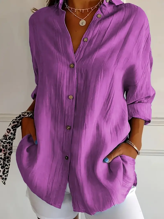 Women Plain Long Sleeve Shirt Spring/Fall Buckle Shirt Collar Regular Sleeve Daily Casual Top