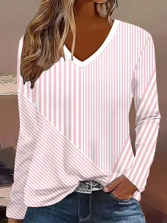 Women Striped Long Sleeve Tee T-shirt V Neck Printing Casual Spring/Fall Graphic Tee Top