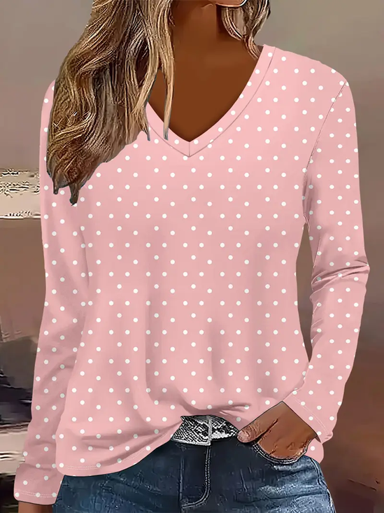 Women Polka Dots Long Sleeve Tee T-shirt V Neck Printing Casual Spring/Fall Graphic Tee Top