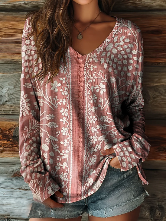 Women Floral Long Sleeve Tee T-shirt V Neck Printing Casual Spring/Fall Graphic Tee Top