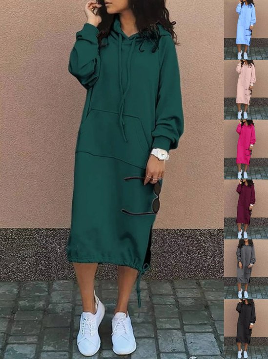 Women Plain Long Sleeve Spring/Fall Split Joint Dress Hooded Daily Vintage Maxi Hoodie Dress A-Line Dress