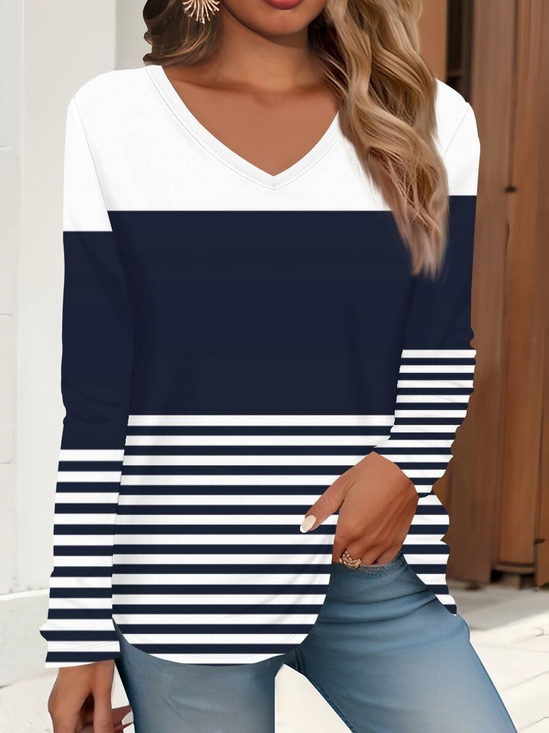 Women Striped Long Sleeve Tee T-shirt V Neck Printing Casual Spring/Fall Graphic Tee Top