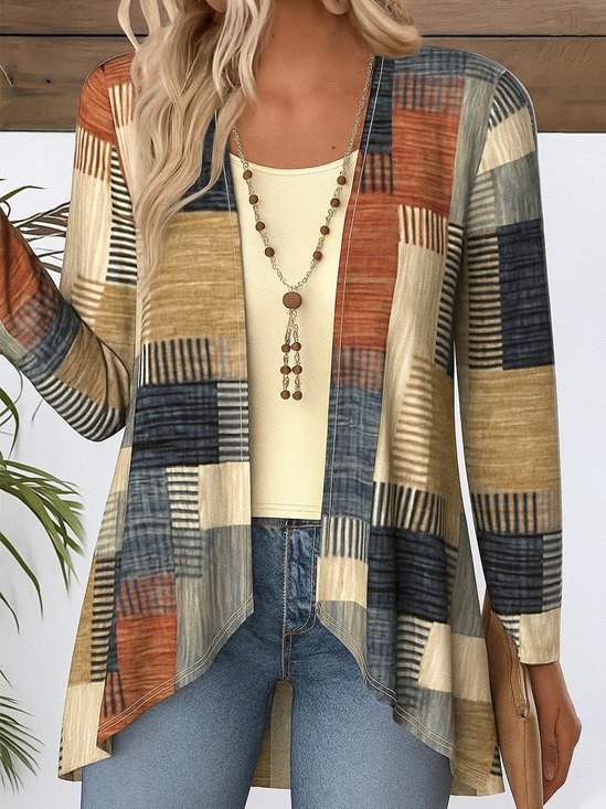 Women Geometric Long Sleeve Blouse Spring/Fall V Neck Daily Vintage Top