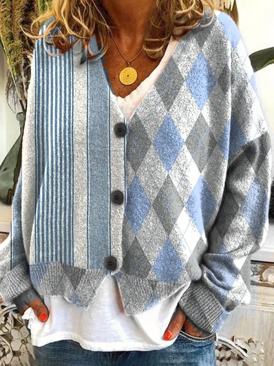 Women Striped Casual Spring/Fall Printing Cardigan