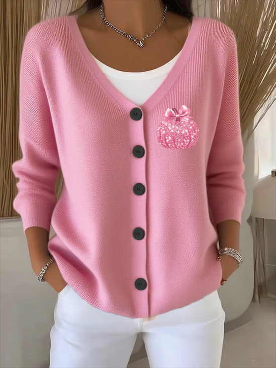 Women Pumpkin Pattern Casual Spring/Fall Printing Cardigan
