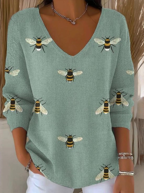 Women Animal Spring/Fall Casual Long Sleeve V Neck Cotton Sweater