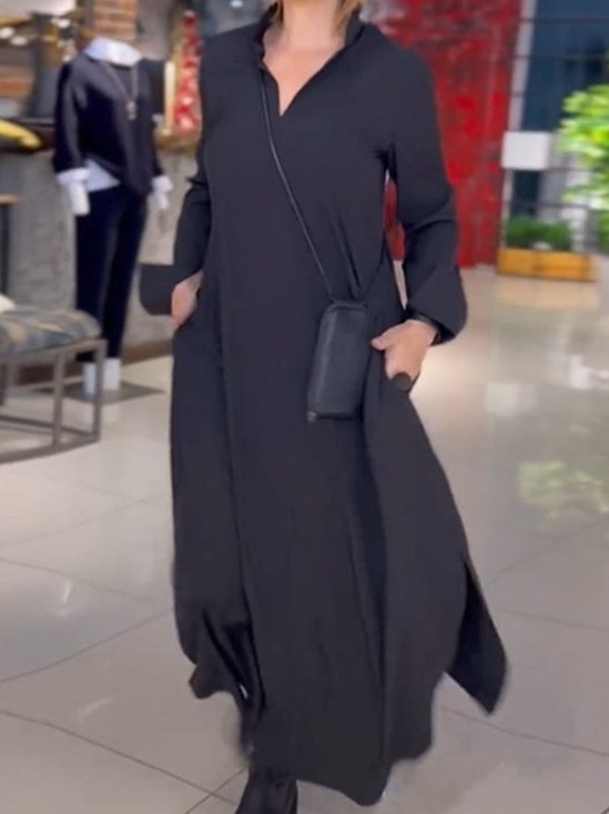 Women Plain Long Sleeve Spring/Fall Split Joint Dress V Neck Daily Vintage Maxi Shirt Dress A-Line Dress
