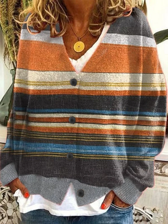 Women Striped Casual Spring/Fall Printing Cardigan