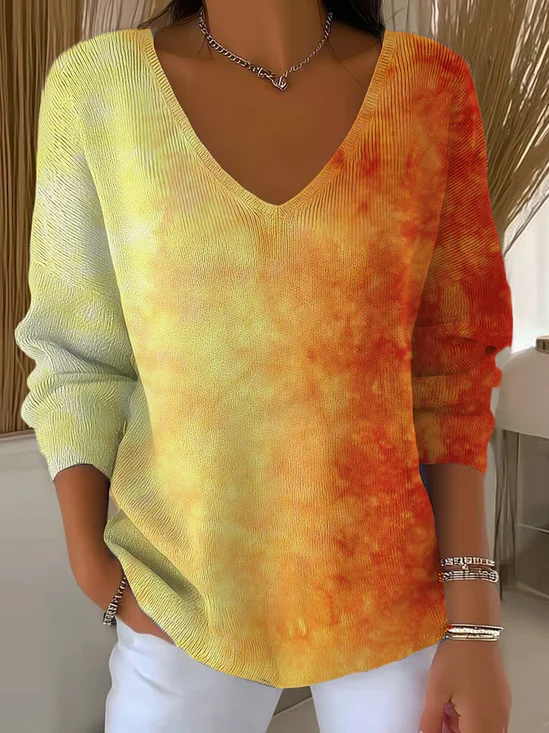 Women Ombre Long Sleeve Tee T-shirt V Neck Printing Casual Spring/Fall Top