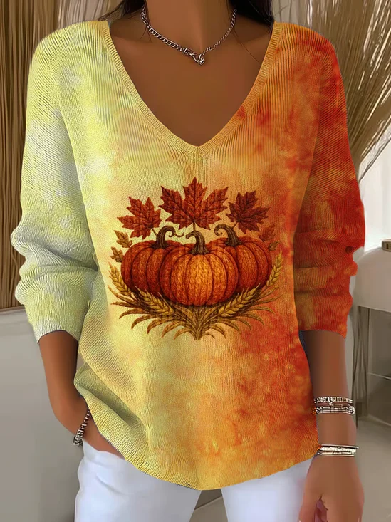 Women Maple Leaf Long Sleeve Tee T-shirt V Neck Printing Casual Spring/Fall Top