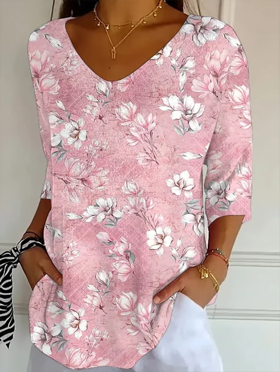 Women Floral Three Quarter Sleeve Tee T-shirt V Neck Printing Casual Spring/Fall Graphic Tee Top